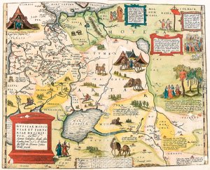 Rusko, Moskva a Tartarie. od Antonia Jenkensona Anglo, vydané v Londýně v roce 1562 Zeměpisná mapa území Ruska z „Theatrum Orbis Terrarum“ od Abrahama Orteliuse (Oertel, Ortell nebo Ortel od Abraham Ortelius