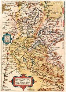 Popis Savojska a Burgundska Zeměpisná mapa území Burgundska a Savojska (Pontarlier, Dijon, Lac Leman a Švýcarsko) z "Theatrum Orbis Terrarum" od Abrahama Orteliuse (Oertel, Ortell nebo Ortel od Abraham Ortelius