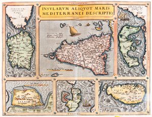 Sardinie, Sicílie, Korfu, Djerba, Elba, Malta, Itálie, Řecko, Tunisko, Malta od Abraham Ortelius