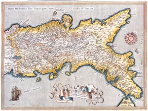 Jižní Lazio, jižní Marche, Abruzzo, Molise, Campasnia, Apulia, Basilicata Calabria, Itálie od Abraham Ortelius