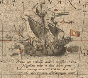 Victoria, španělská karaka, loď Ferdinanda Magellanse Armada de Molucca. Aus Maris Pacifik od Abraham Ortelius