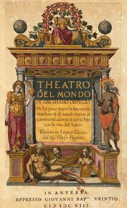 Theatrum orbis terrarum, Abraham Ortelius (1527-1598), titulní strana italského vydání přeložil Filippo Pigafetta, Antverpy, vydání Giovani Battista Urintio od Abraham Ortelius