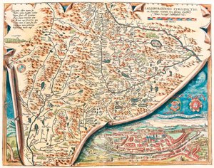 Skutečný popis města Salzburg Zeměpisná mapa území Salsburgu v Rakousku z „Theatrum Orbis Terrarum“ od Abrahama Orteliuse (Oertel, Ortell nebo Ortel od Abraham Ortelius