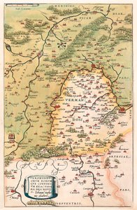 Popisná zeměpisná mapa území Vermandois a Pikardie v Galii (Francie) z „Theatrum Orbis Terrarum“ od Abrahama Orteliuse (Oertel, Ortell nebo Ortel od Abraham Ortelius