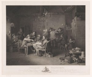 Interiér s muži diskutujícími kolem stolu Vesničtí politici (název na objektu) od Abraham Raimbach