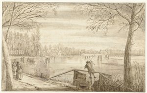 Bruslaři na řece Vecht, poblíž Maarssenu, s panstvím Daelwijck a Vechthoven v dálce od Abraham Rutgers