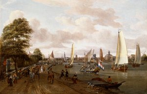 Panoramatický pohled na Amsterdam s člunem a malými loděmi na Buiten-Amstel, od Abraham Storck