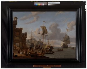 Scéna capriccio středomořského přístavu s obchodníky a dalšími postavami na straně nábřeží od Abraham Storck