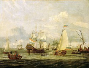 Ruský car Petr Veliký (1672-1725) při prohlídce lodi v Amsterdamu (Nizozemsko). Olej na plátně, autor Abraham Storck (1635-1710). od Abraham Storck