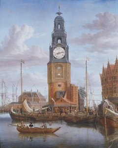 Pohled na Haringspacker Tower v Amsterdamu, s funkčním ciferníkem zasazeným do obrazu, 1684 (panel) od Abraham Storck