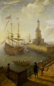 Španělská třístěžňová loď kotvící u pobřeží Neapole (Itálie), pohled z dlážděného mola ve městě směrem k majáku a budovám středomořského přístavu.