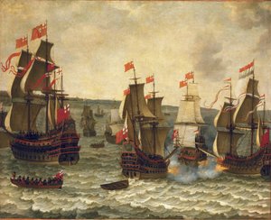 Námořní bitva mezi nizozemskými a britskými loděmi, epizoda první anglo-holandské války (1652-1654). Olej na dřevě, autor Abraham Willaerts (1603-1669).