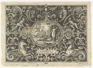 Kartuše: Perseus osvobozuje Andromedu Oválné kartuše s výjevy ze života Persea v rámci grotesek (název série) Andromeda (název na objektu) od Abraham de Bruyn