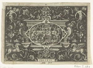Cartouche: Phineus naruší svatbu Persea a Andromedy PERSEUS (název na objektu) Oválné kartuše s výjevy ze života Persea v rámci grotesek (název série) od Abraham de Bruyn