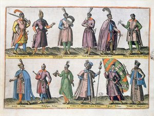 Uherský a polský vojenský oděv v 16. století, z knihy "Kroje různých národů Evropy, Asie, Afriky a Ameriky", vydané v Antverpách v roce 1581.