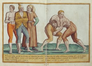 Turecký zápas, kostýmy ze šestnáctého století z Omnium Poene Gentium Imagines, vydané v Kolíně nad Rýnem, 1577 (ručně kolorovaná rytina) od Abraham de Bruyn