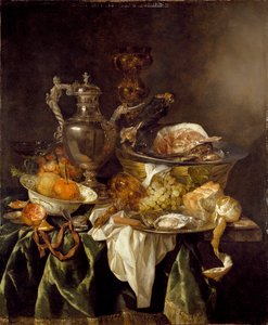 Zátiší se stříbrnou nádobou na víno a odraženým portrétem umělce, c1657