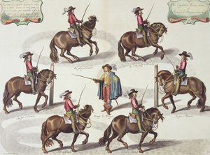 Markýz z Newcastlu dává kapitánu Mazinovi lekci jízdy na koni, deska 15 z knihy Metoda a nový vynález oblékání koní od Williama Cavendishe (1592-1676) Markýz z Newcastlu, vyryl Lucas Vo