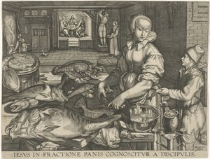 Keukenstuk se setkal s vrouw die wis schoonmacht Ježíš je rozpoznán učedníky při lámání chleba (titul na předmětu) od Abraham van Lier