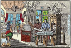 Interiér tiskařské továrny v Norimberku, Německo: dělníci při práci, počátek 17. století - grav. od Abrahama van Werdta. od Abraham van Werdt