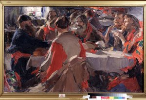 Čas na čaj (pití čaje). Obraz Abrama Jefimoviče Arkhipova (1862-1930). Olej na plátně, 79 x 31 cm. Ruské umění, konec 19.-začátek 20. století. Státní umělecká galerie B. Kustodiev, Astrachaň (Rusko).
