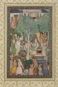 Císař Jahangir se svatými muži v zahradě, kolem 1615 (neprůhledné wc a zlato na papíře)