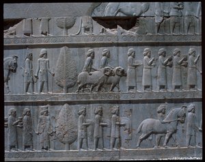 Pohled na reliéfy východních schodů od Achaemenid