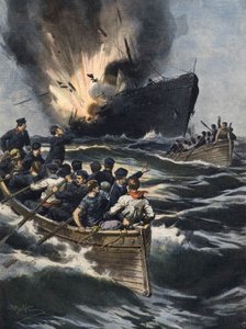 Mezi Sicílií a tuniským pobřežím explodoval německý parník. Posádka měla čas se vzdálit na palubě člunů. Ill. de Beltrame. La Domenica del Corriere. 06/1909. od Achille Beltrame