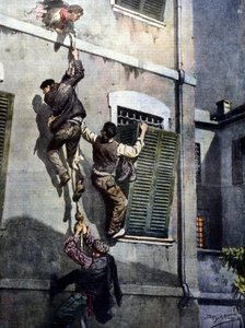 Odvážný útěk čtyř vězňů z vězení Asti po proražení zdi. Kresba Beltrame. La Domenica del Corriere. 1902 od Achille Beltrame