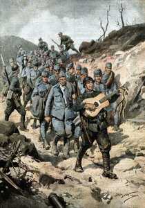 Šťastný hrdina. Po zajetí čtyřiceti Rakušanů a kytary v jeskyni vojín Buoncompagni pochodoval v čele skupiny vězňů zpívajících. Ill. de Beltrame. La Domenica del Corriere. 10/1917 od Achille Beltrame