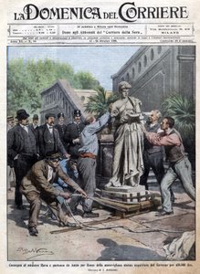 Socha zakoupená vládou za 450 tisíc lir je přivezena do Říma a doručena ministru Ravovi. Ill. de Beltrame. La Domenica del Corriere. 10/1909. od Achille Beltrame