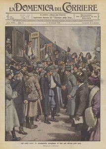 Hrdinským hostům, nadšenému přivítání zraněných srbských důstojníků v Bari. od Achille Beltrame