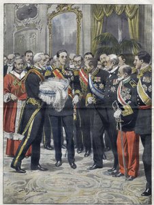 Alfonso XIII (1886-1941), král Španělska na slavnostním představení svého syna Alfonsa (1907-1938), hraběte z Covadonga, prince z Asturie. Kresba Achille Beltrame. z roku 1907. od Achille Beltrame