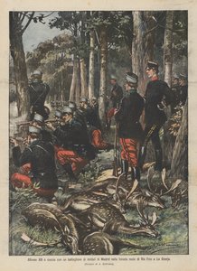 Alfonso XIII lov s praporem madridských vojáků v královském lese Rio Frio v La Granja