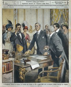 Americký prezident Woodrow Wilson telegraficky spustil detonaci, která zničila poslední bariéru Panamského průplavu 6000 kilometrů daleko, Achille Beltrame (1871-1945) z La Domenica del Corriere od Achille Beltrame