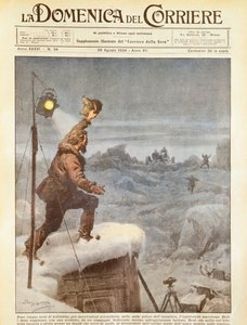 Americký průzkumník Richard E Byrd, k němuž se připojili společníci v Antarktidě poté, co byl pět měsíců sám, Achille Beltrame, ilustrace, ilustrátor Achille Beltrame (1871-1945), z La Domenica del Corriere, 26. srpna 1934 od Achille Beltrame