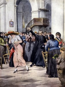Příklad náboženského moralismu: mladá žena je vyhnána z kostela knězem a věřícími, kteří jsou pohoršeni jejím lehkým oblečením. Ill. A. Beltrame. "La Domenica del Corriere" od Achille Beltrame