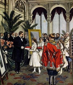 Výročí autora Quo Vadis?, předání darů Sinkieviczovi ve Varšavě, ilustrace Achille Beltrame, La Domenica del Corriere, č. 3, 20. ledna od Achille Beltrame
