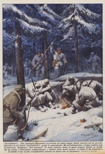 Vzdejte se! Finská hlídka obklíčí v noci pět Rusů kolem malého ohniště v lese. od Achille Beltrame
