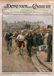 Příjezd Doranda Pietriho (1885-1942) v maratonu, olympijské hry v Londýně, ilustrace Achille Beltrame z La Domenica del Corriere, 2.-9. od Achille Beltrame