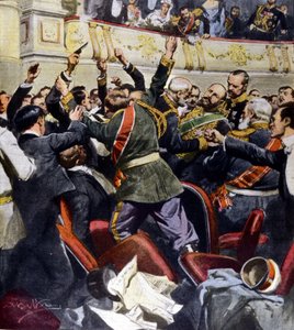 Útok na ruského ministra Stolypina v Kyjevském městském divadle. Ilustrace Beltrame od Achille Beltrame