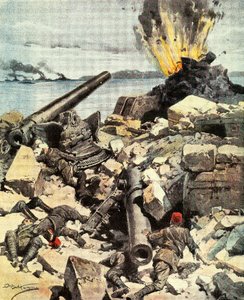 Bitva u Dardanel, Anglo-francouzská flotila ničí pevnosti Dardanely, aby prolomila úžinu a dorazila do Konstantinopole, Achille Beltrame (1871-1945), ilustrace z La Domenica del Corriere, 14.-21. od Achille Beltrame