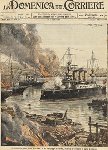 Bitevní loď Potěmkin bombardující Oděsu, Achille Beltrame, ilustrace, Ilustrátor Achille Beltrame (1871-1945), z La Domenica del Corriere od Achille Beltrame