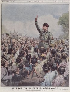 Benito Mussolini (1883-1945) uznávaný lidmi, z „La Domenica del Corriere“, 14. října 1934