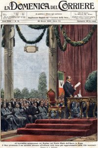 Benito Mussolini přednášel svůj projev v Teatro Reale opery v Římě před vůdci režimu. ilustrace Achilles Beltrame.“ „Domenica del corriere““ z 24. března 1929 od Achille Beltrame