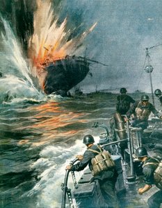 Britská obchodní loď potopená italskou lodí MAS ve Středozemním moři, 3. srpna od Achille Beltrame