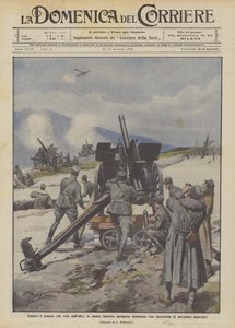 Proti nepříteli přilétajícímu shora zastavují naše protiletadlové baterie nálet rakouských letadel.
