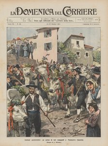 Charakteristické kostýmy, průvod býků Romagna v Pontecorvo (Caserta)