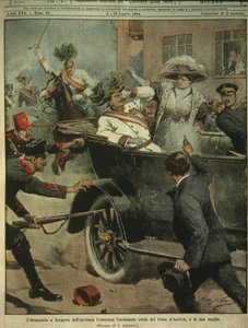 Obálka Atentátu na arcivévodu Františka Ferdinanda Rakouského, následníka rakousko-uherského trůnu, Sarajevo od Achille Beltrame