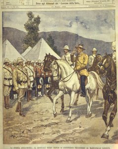 Titulní ilustrace generála Cronje, který se vzdává maršálu Robertsovi během anglo-zuluských a anglo-búrských válek v letech 1850-1902 od Achille Beltrame